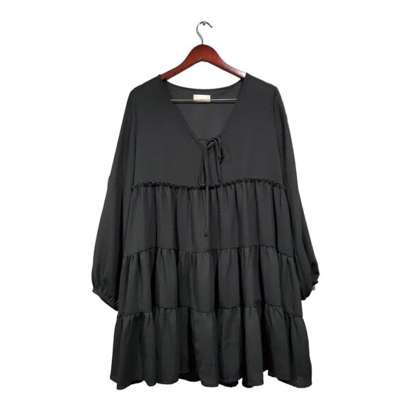 Altar'd State Women's Black Long-Sleeve Tiered Babydoll Dress Peasant Boho Sz L - Picture 1 of 14